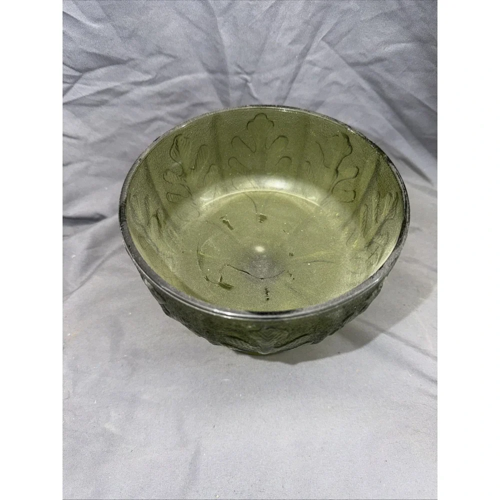 Vintage FTD 1975 Avocado Green‎ Glass Pedestal Compote Dish with Oak Leaf Design